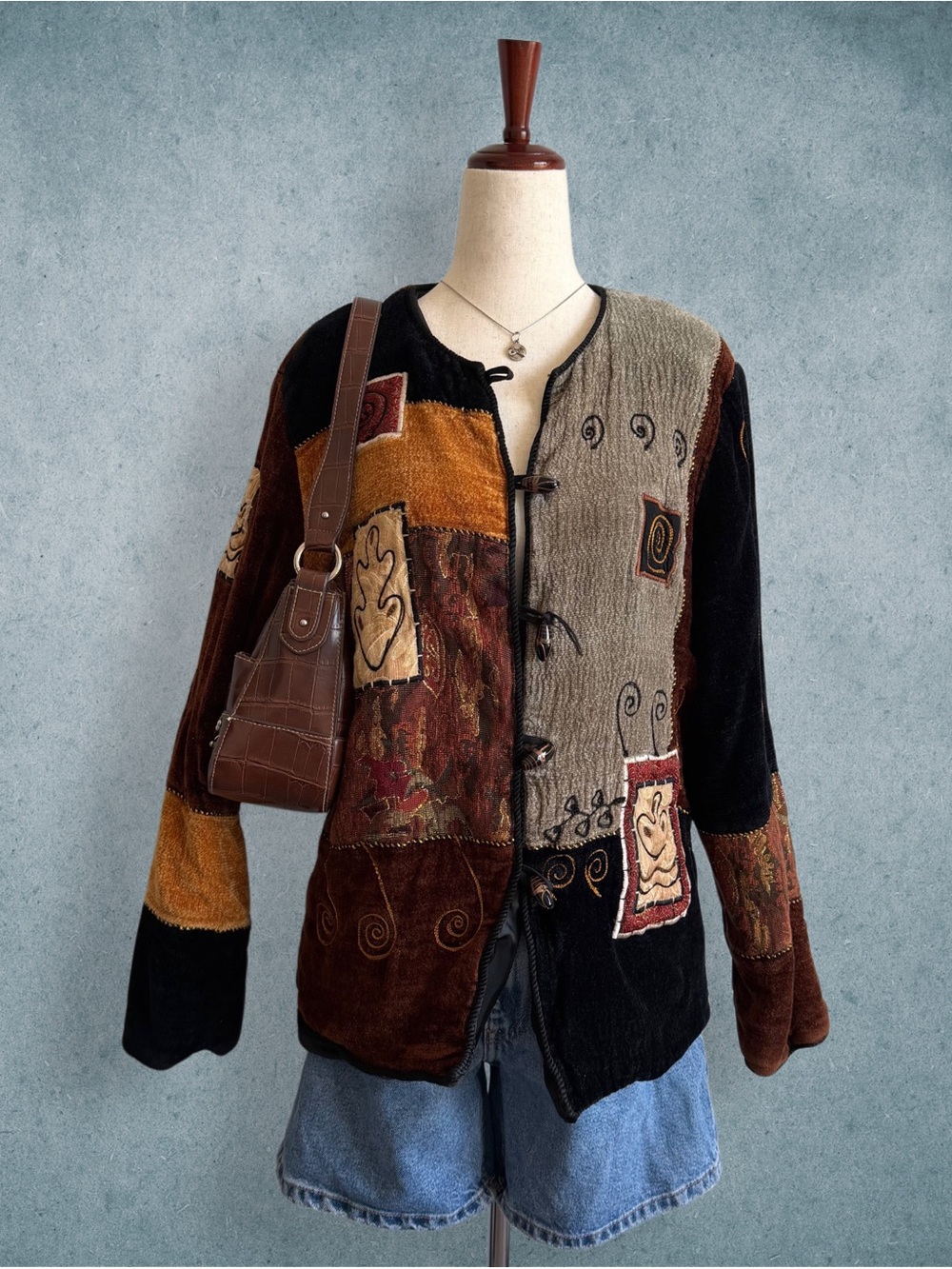 brown patchwork embroidered jacket - size m